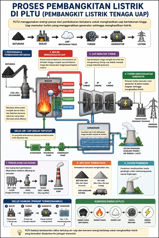Diagram proses pembangkitan listrik di PLTU dari batubara, boiler, turbin, generator hingga listrik